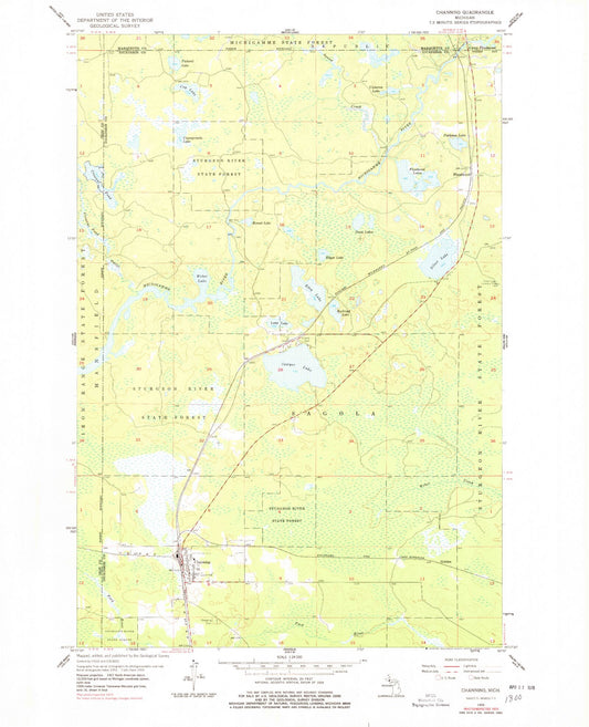 Classic USGS Channing Michigan 7.5'x7.5' Topo Map Image