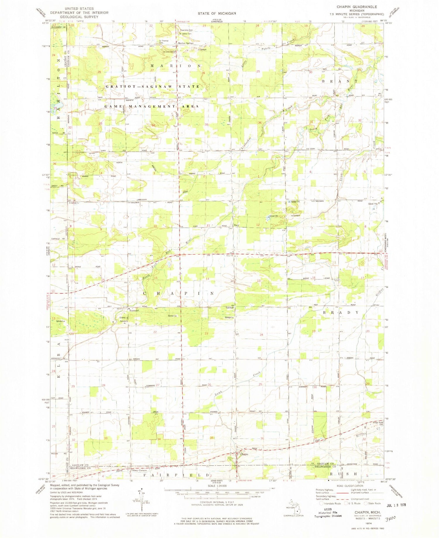 Classic USGS Chapin Michigan 7.5'x7.5' Topo Map Image