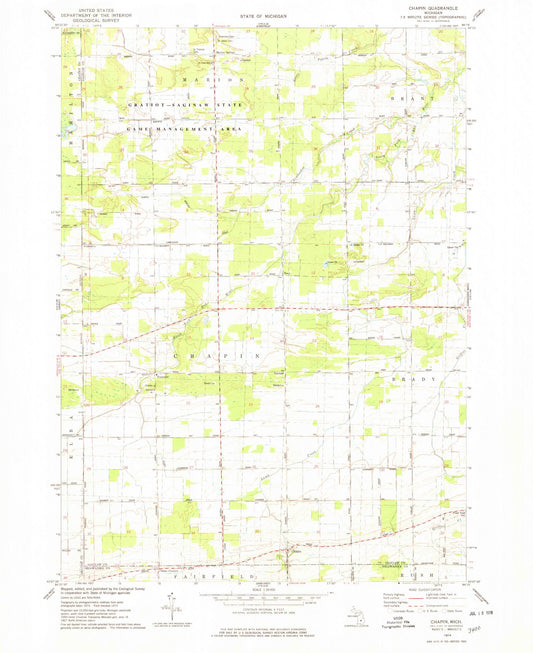 Classic USGS Chapin Michigan 7.5'x7.5' Topo Map Image