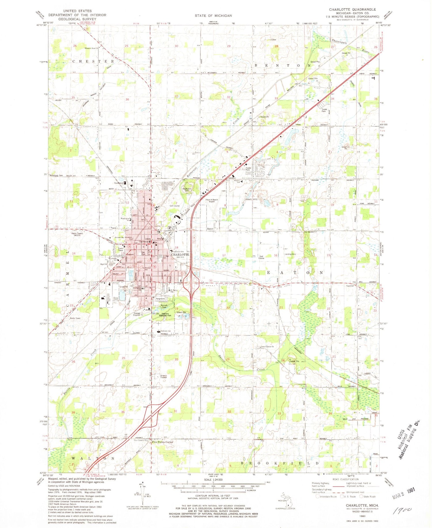 Classic USGS Charlotte Michigan 7.5'x7.5' Topo Map Image