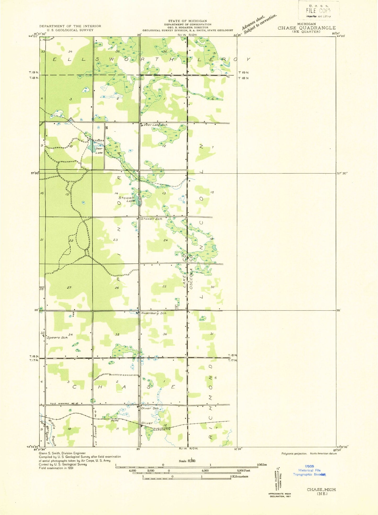 Classic USGS Reed City North Michigan 7.5'x7.5' Topo Map Image