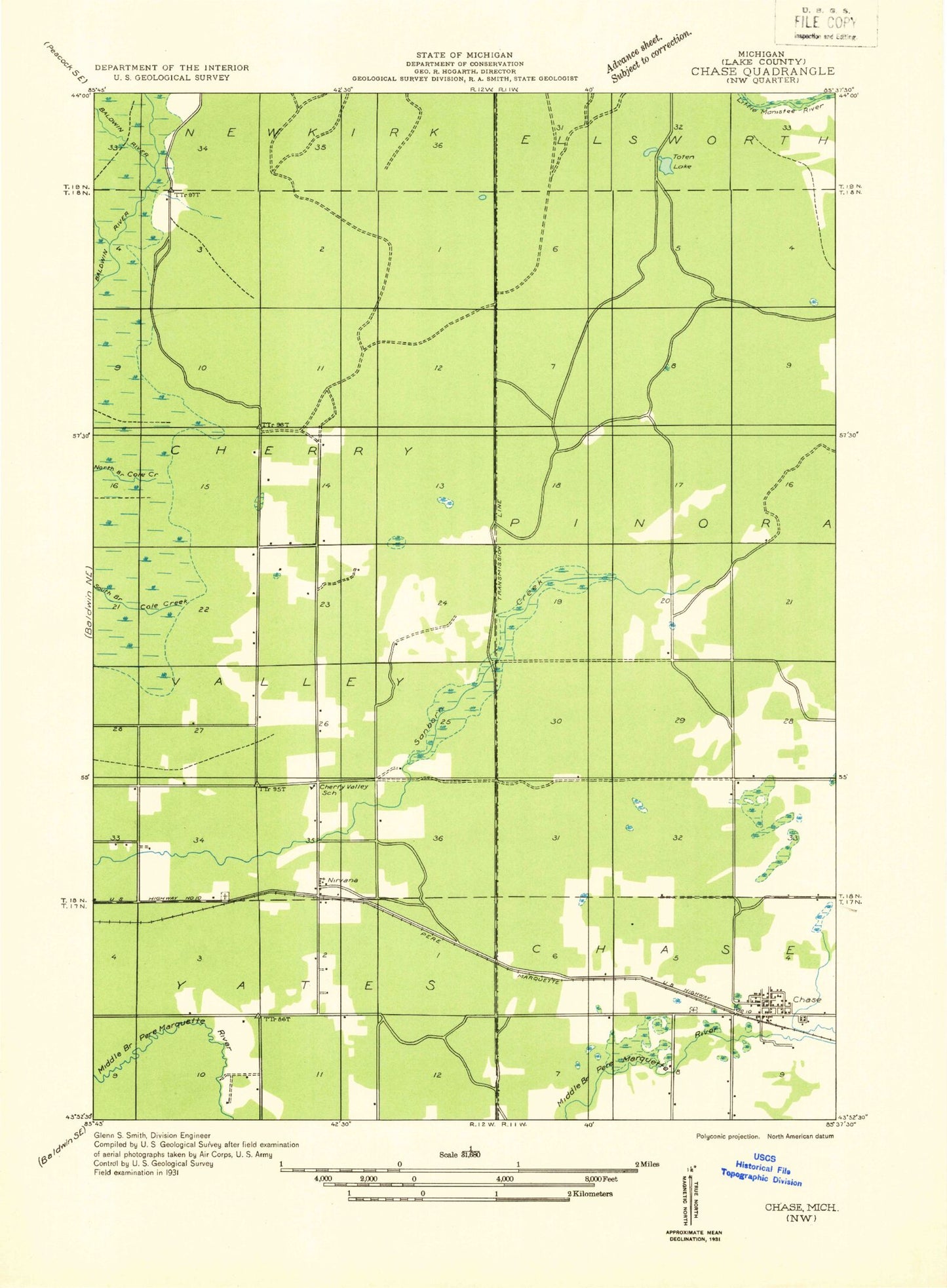 Classic USGS Chase Michigan 7.5'x7.5' Topo Map Image