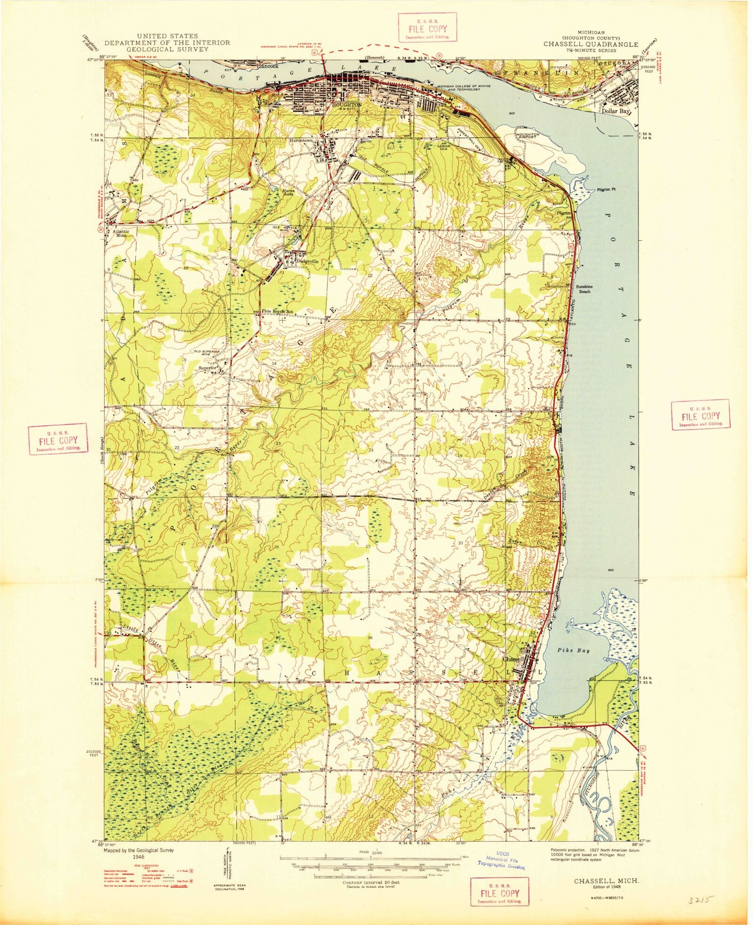 Classic USGS Chassell Michigan 7.5'x7.5' Topo Map Image
