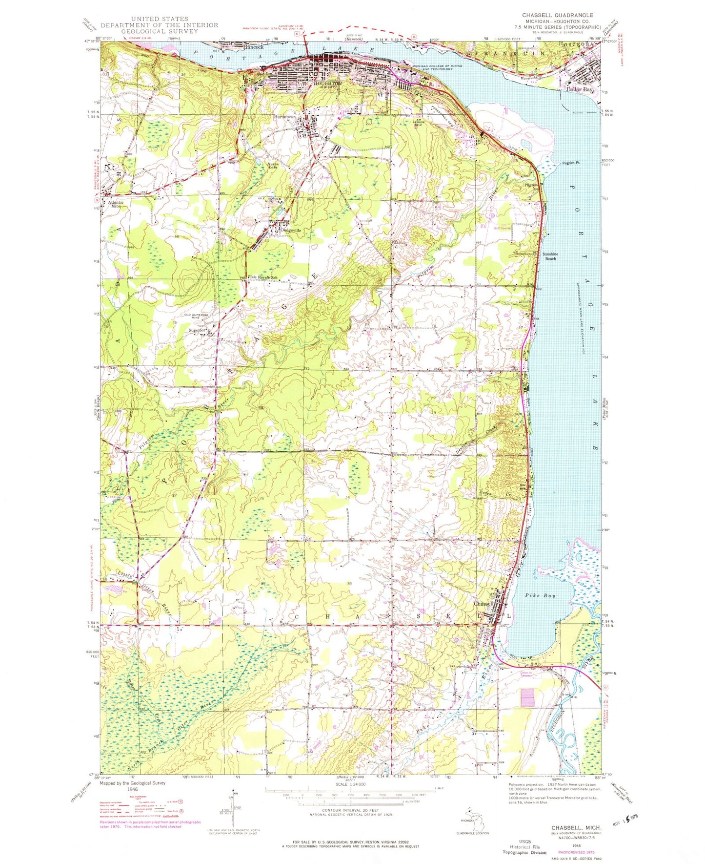 Classic USGS Chassell Michigan 7.5'x7.5' Topo Map Image