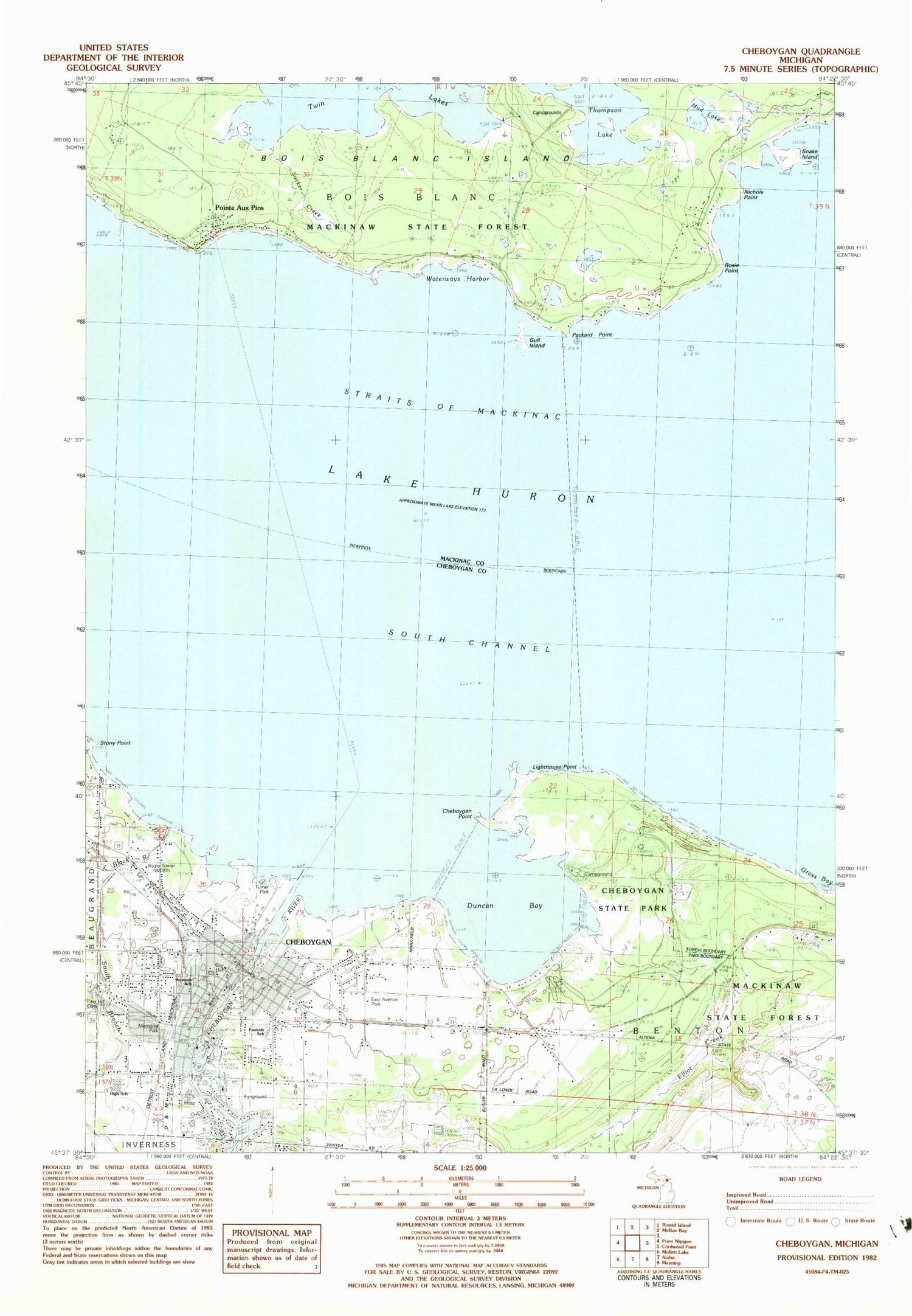 Classic USGS Cheboygan Michigan 7.5'x7.5' Topo Map Image