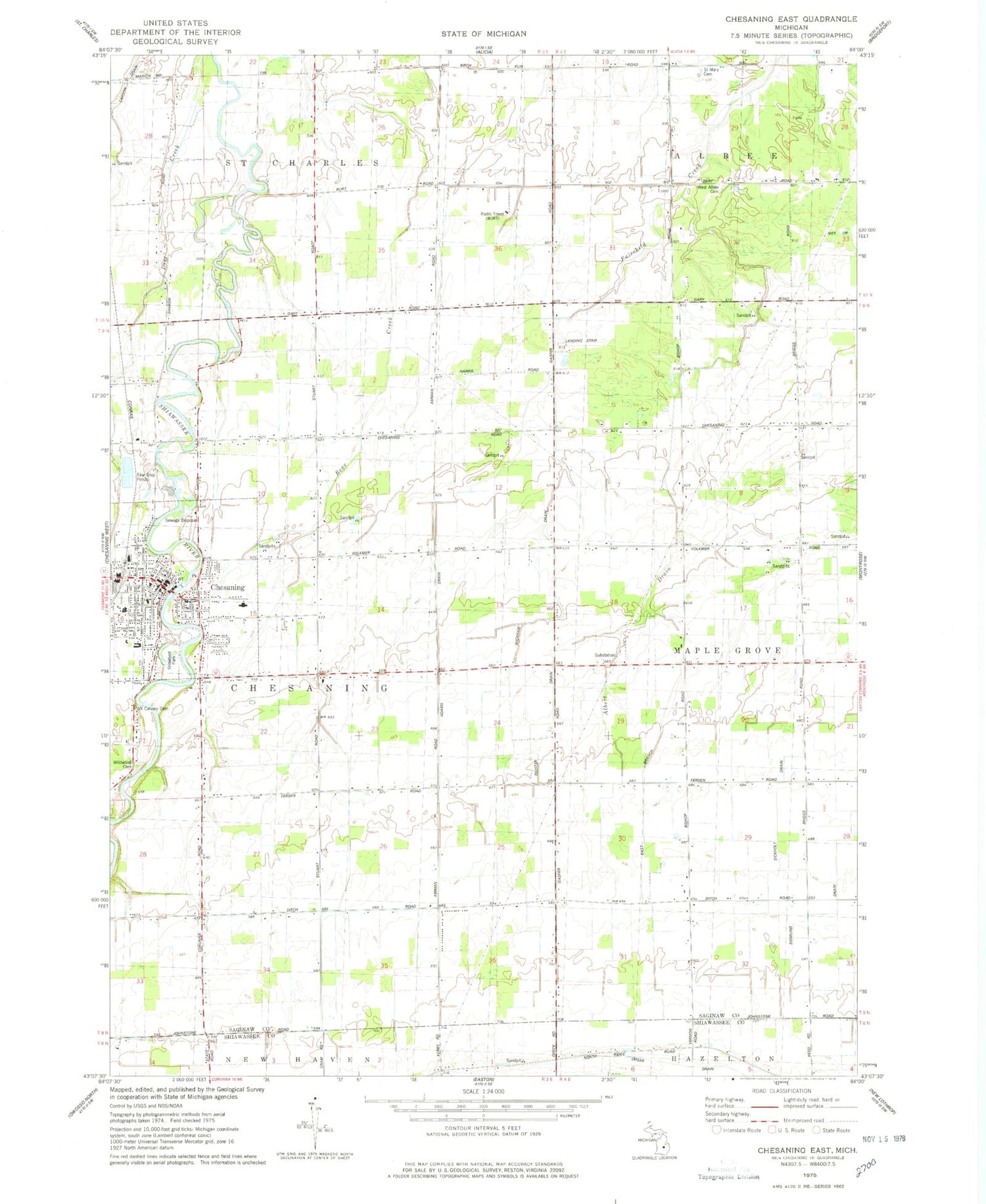 Classic USGS Chesaning East Michigan 7.5'x7.5' Topo Map Image