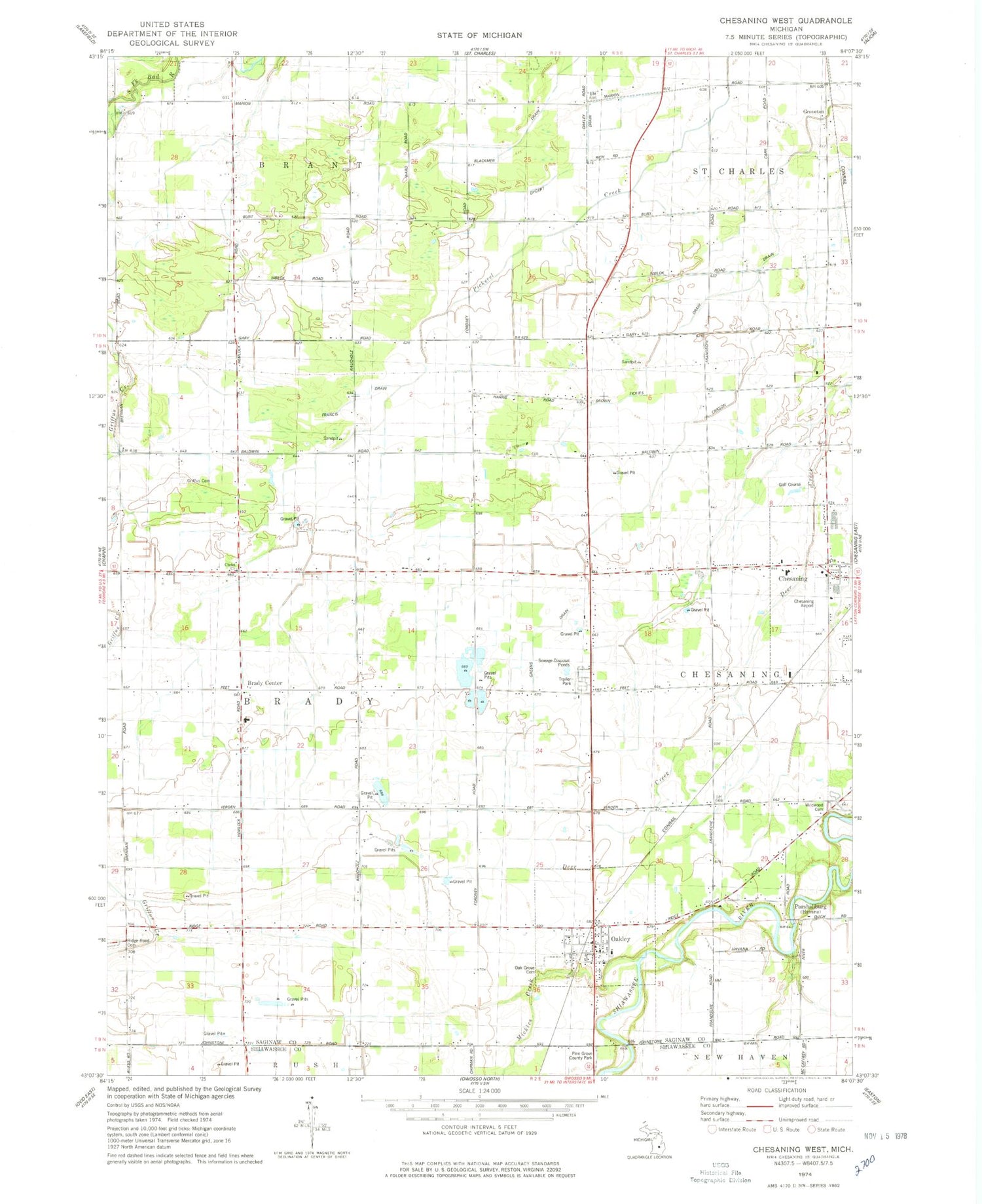 Classic USGS Chesaning West Michigan 7.5'x7.5' Topo Map Image