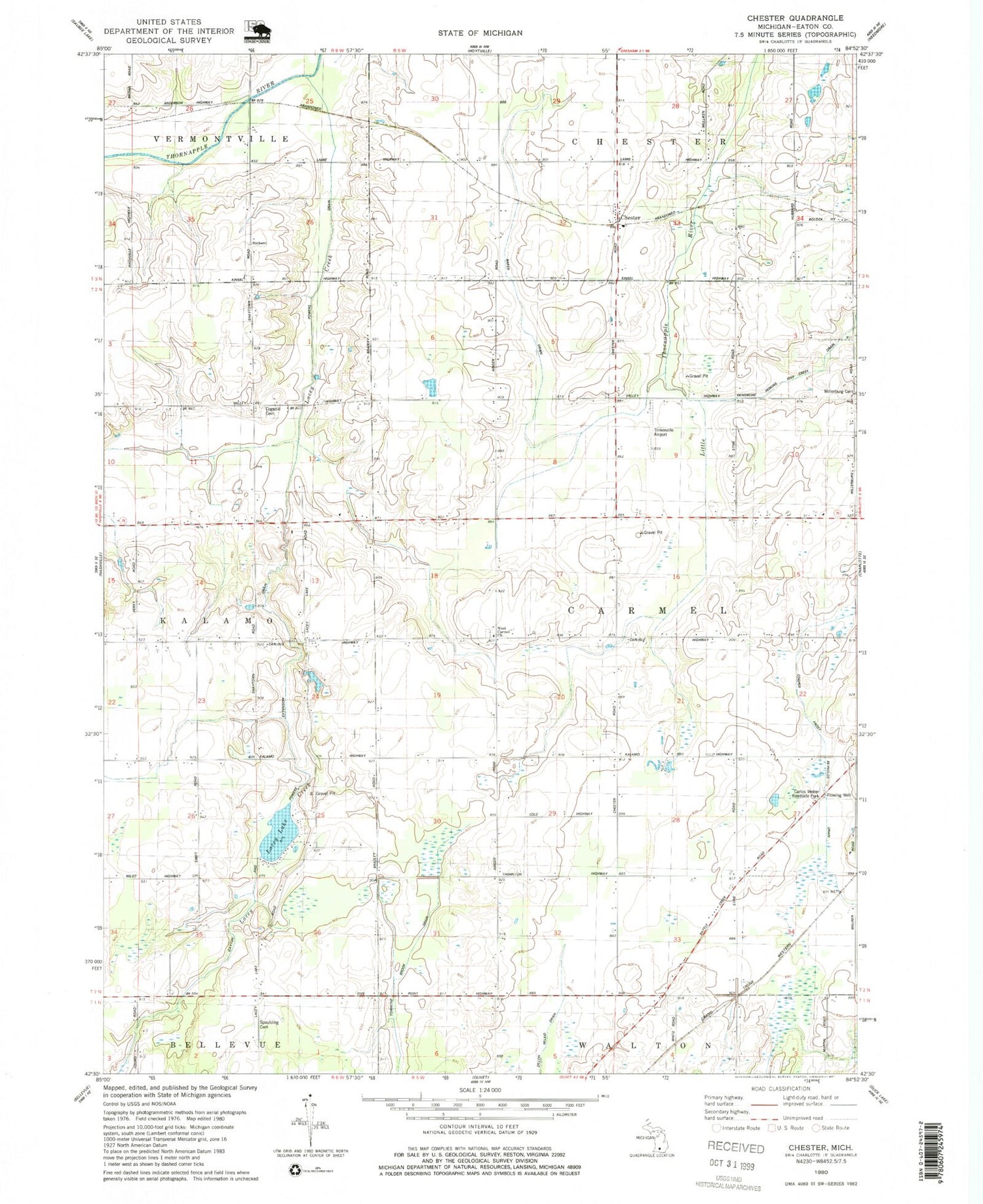 Classic USGS Chester Michigan 7.5'x7.5' Topo Map Image