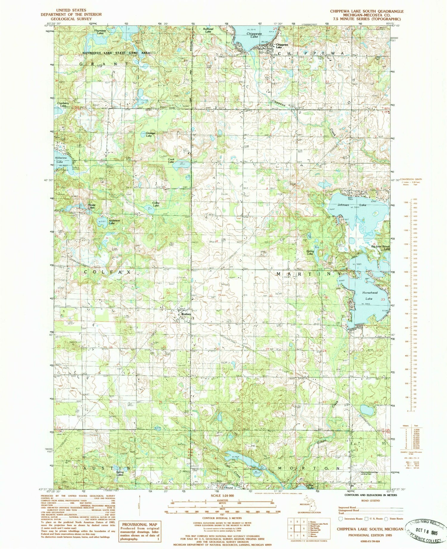 Classic USGS Chippewa Lake South Michigan 7.5'x7.5' Topo Map Image