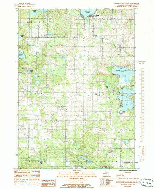 Classic USGS Chippewa Lake South Michigan 7.5'x7.5' Topo Map Image