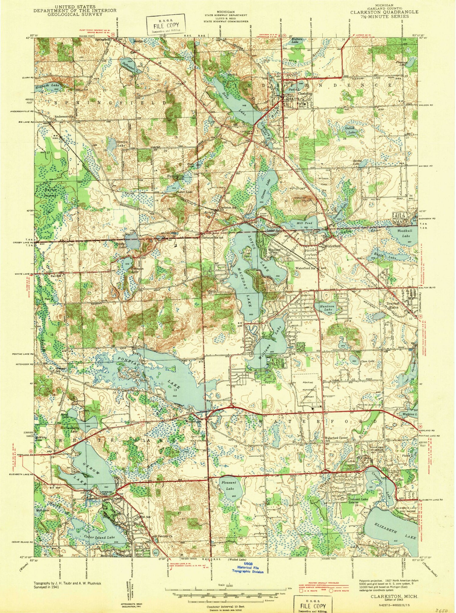 Classic USGS Clarkston Michigan 7.5'x7.5' Topo Map Image