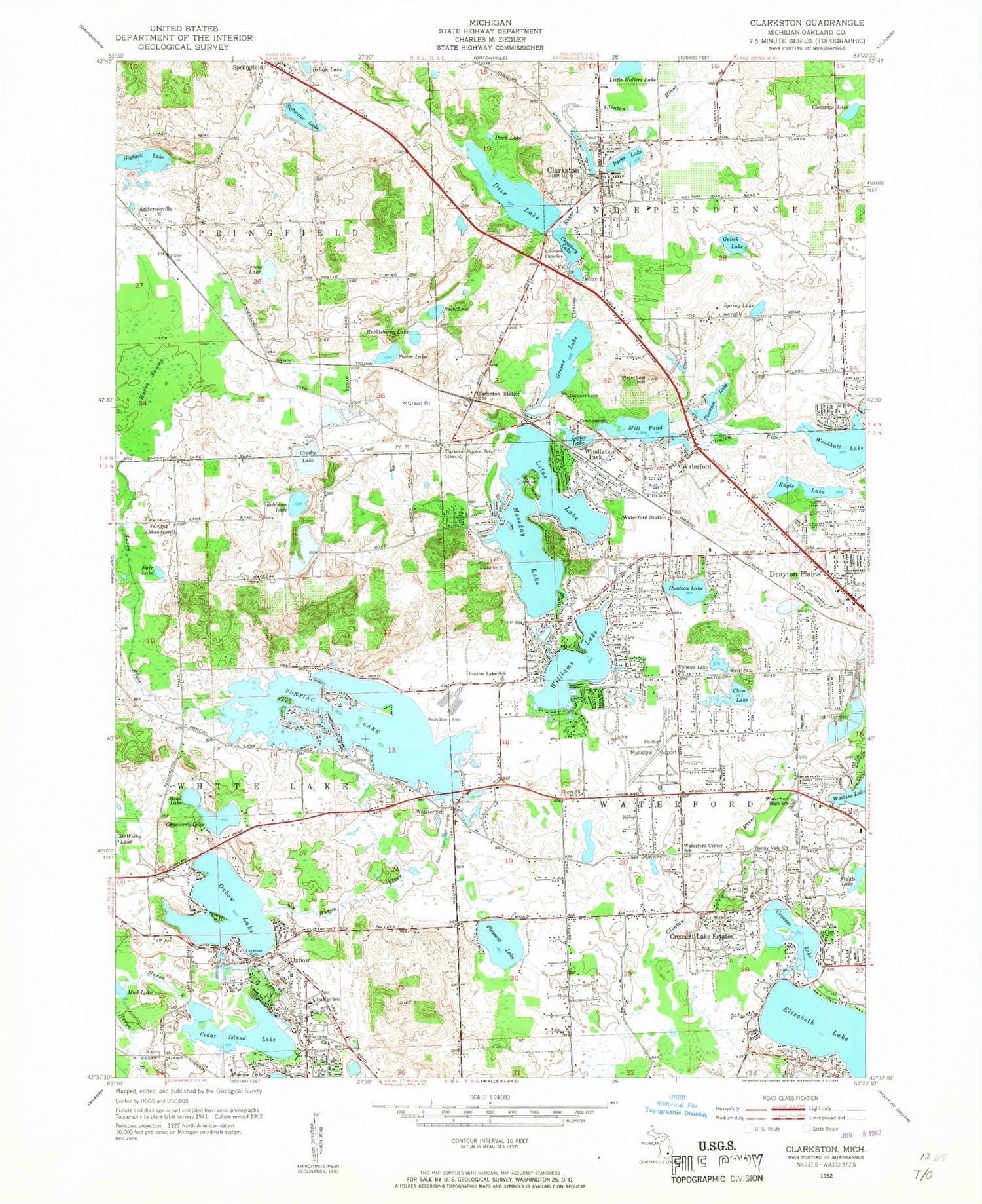Classic USGS Clarkston Michigan 7.5'x7.5' Topo Map Image