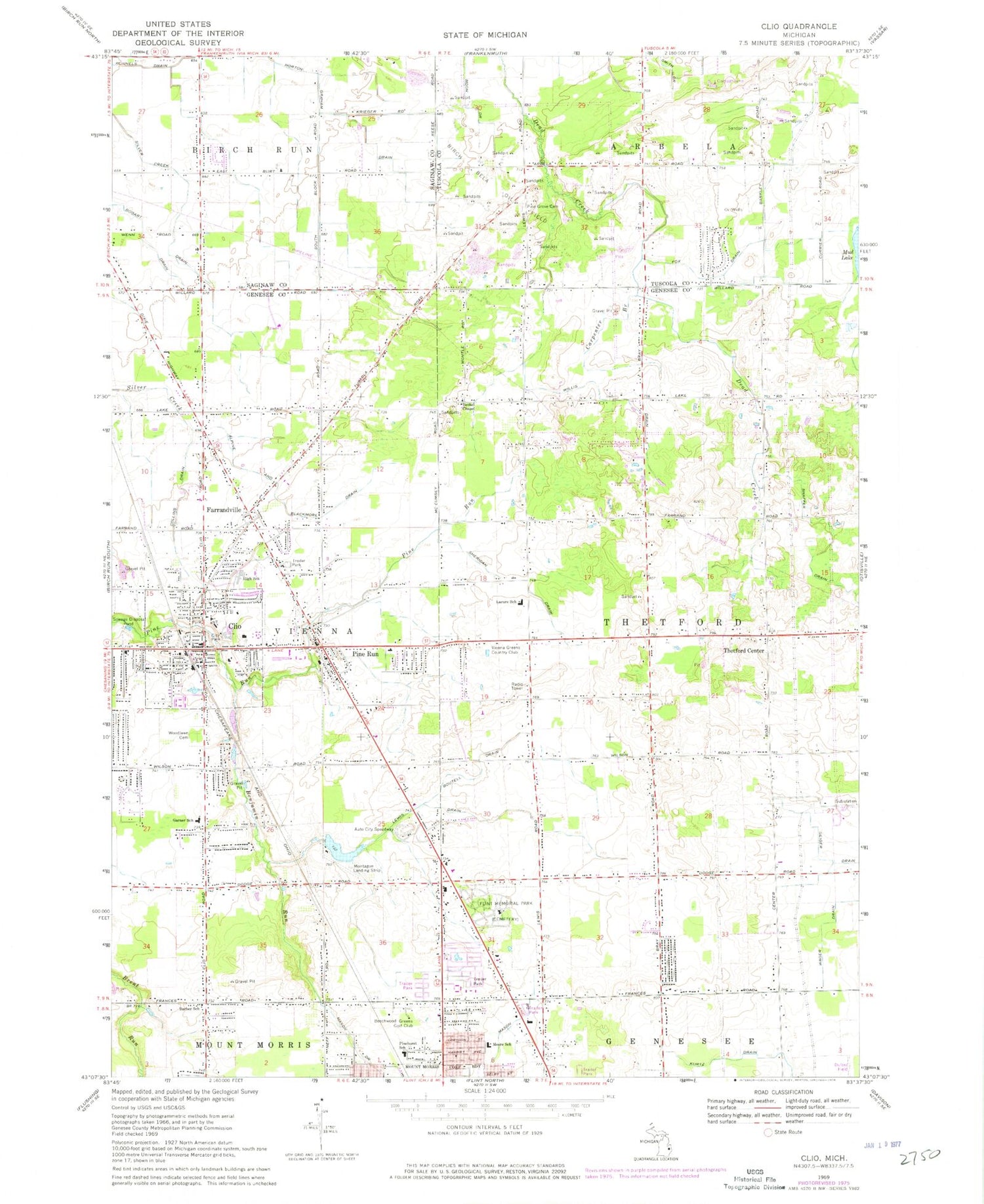 Classic USGS Clio Michigan 7.5'x7.5' Topo Map Image