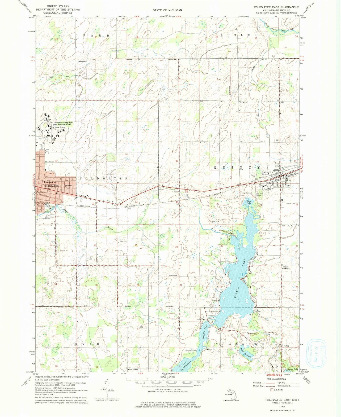 Classic USGS Coldwater East Michigan 7.5'x7.5' Topo Map Image