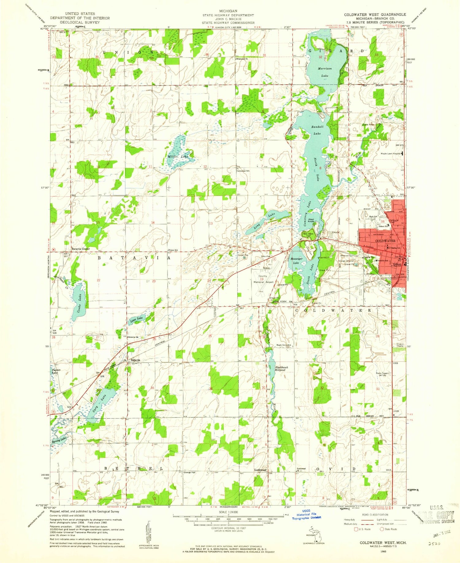Classic USGS Coldwater West Michigan 7.5'x7.5' Topo Map Image