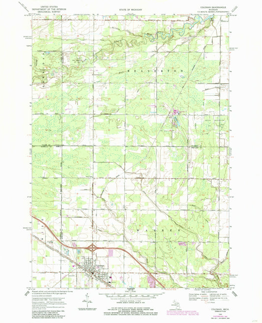 Classic USGS Coleman Michigan 7.5'x7.5' Topo Map Image