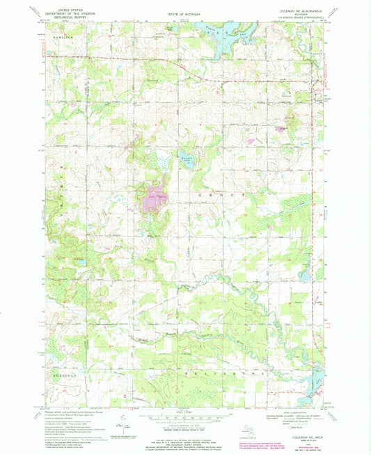 Classic USGS Coleman NE Michigan 7.5'x7.5' Topo Map Image
