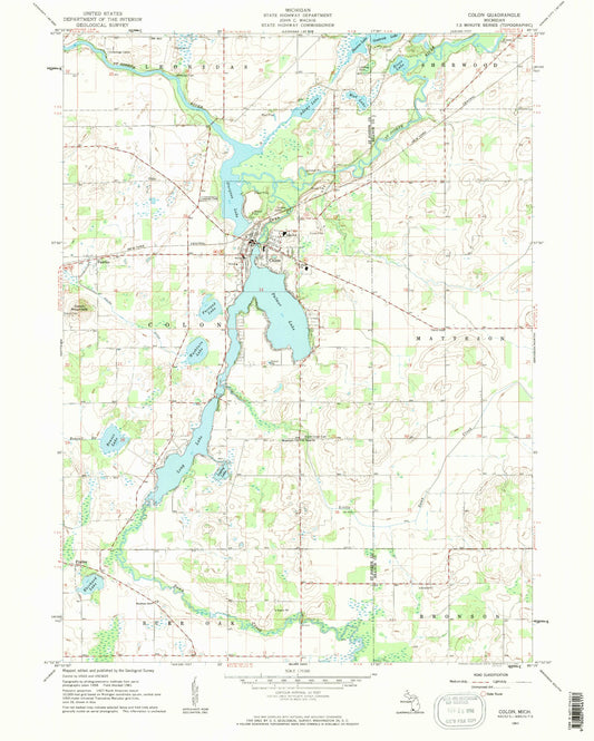 Classic USGS Colon Michigan 7.5'x7.5' Topo Map Image