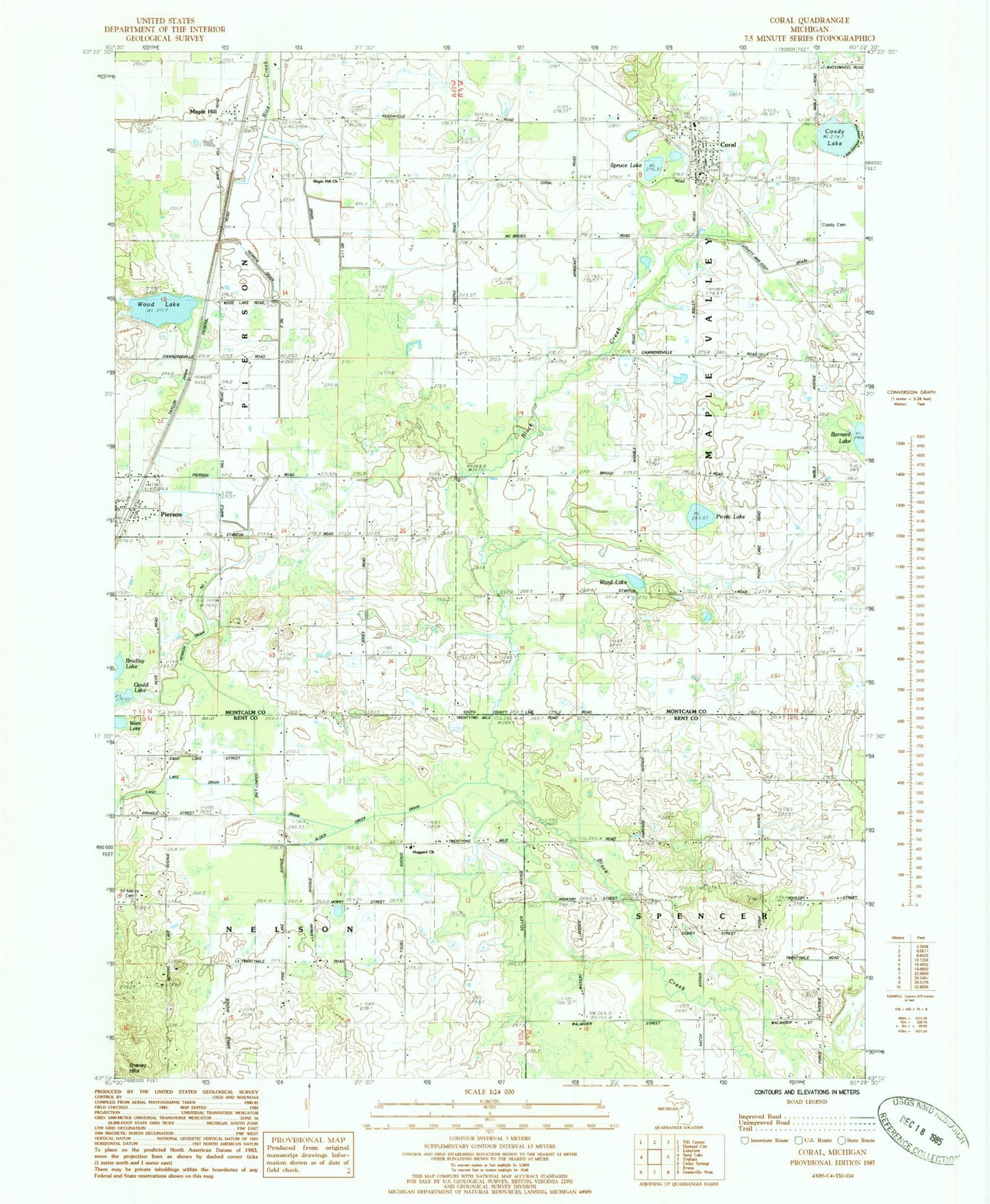 Classic USGS Coral Michigan 7.5'x7.5' Topo Map Image