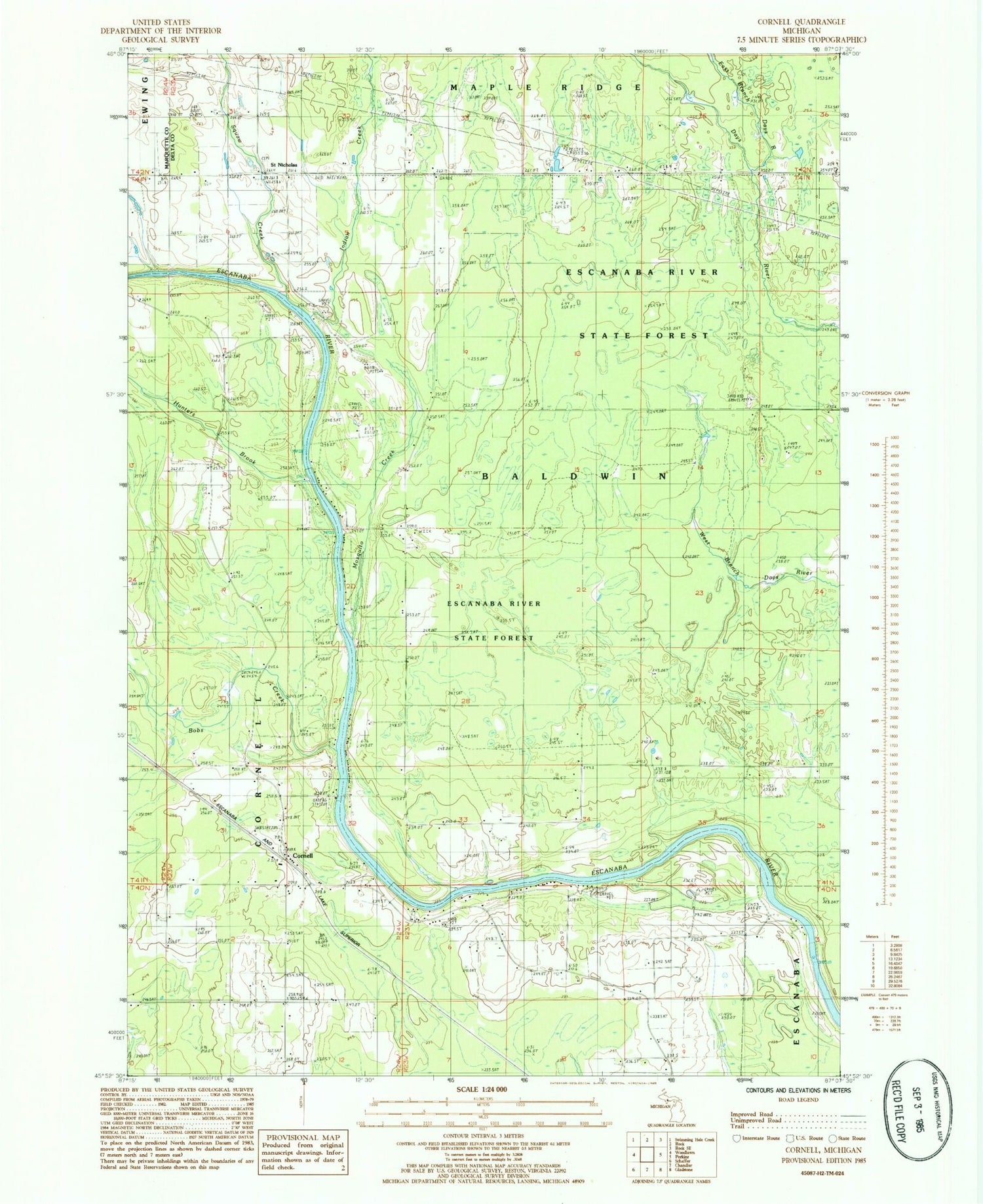 Classic USGS Cornell Michigan 7.5'x7.5' Topo Map Image
