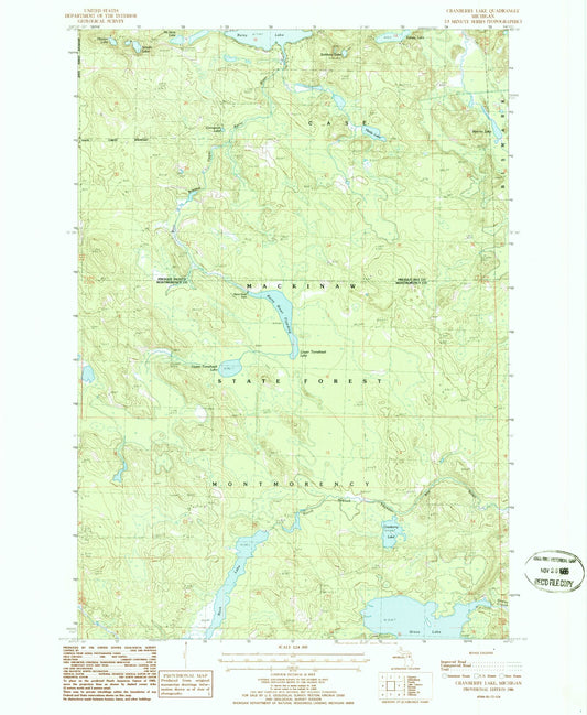 Classic USGS Cranberry Lake Michigan 7.5'x7.5' Topo Map Image