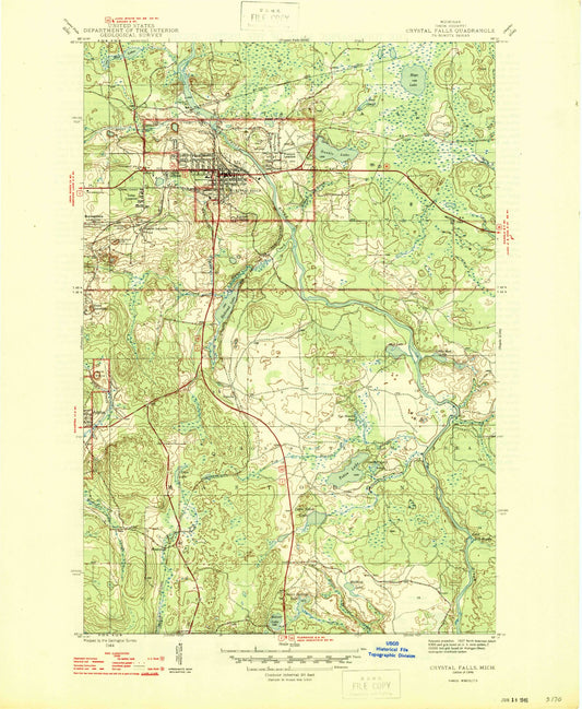Classic USGS Crystal Falls Michigan 7.5'x7.5' Topo Map Image
