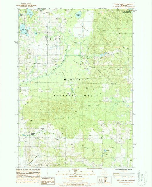 Classic USGS Crystal Valley Michigan 7.5'x7.5' Topo Map Image