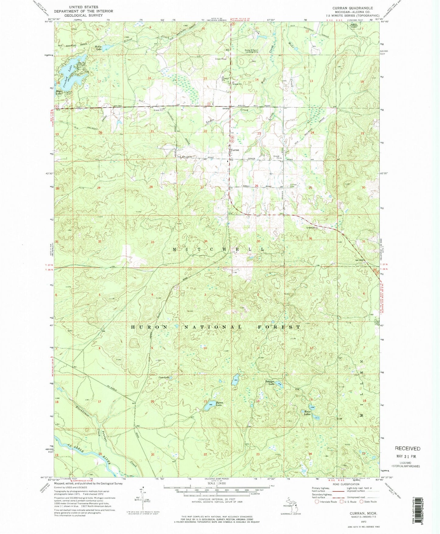 Classic USGS Curran Michigan 7.5'x7.5' Topo Map Image
