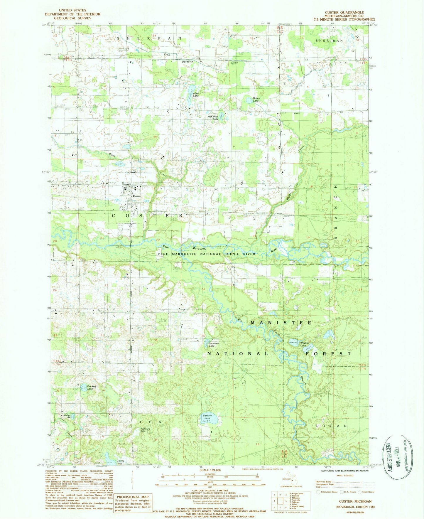 Classic USGS Custer Michigan 7.5'x7.5' Topo Map Image