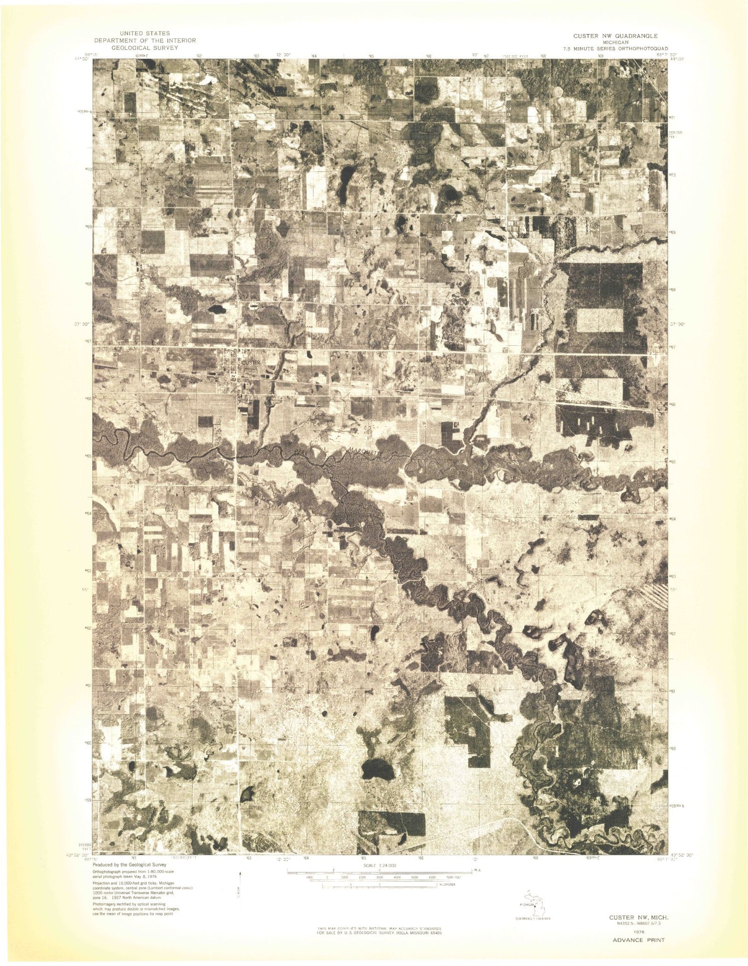 Classic USGS Custer Michigan 7.5'x7.5' Topo Map Image