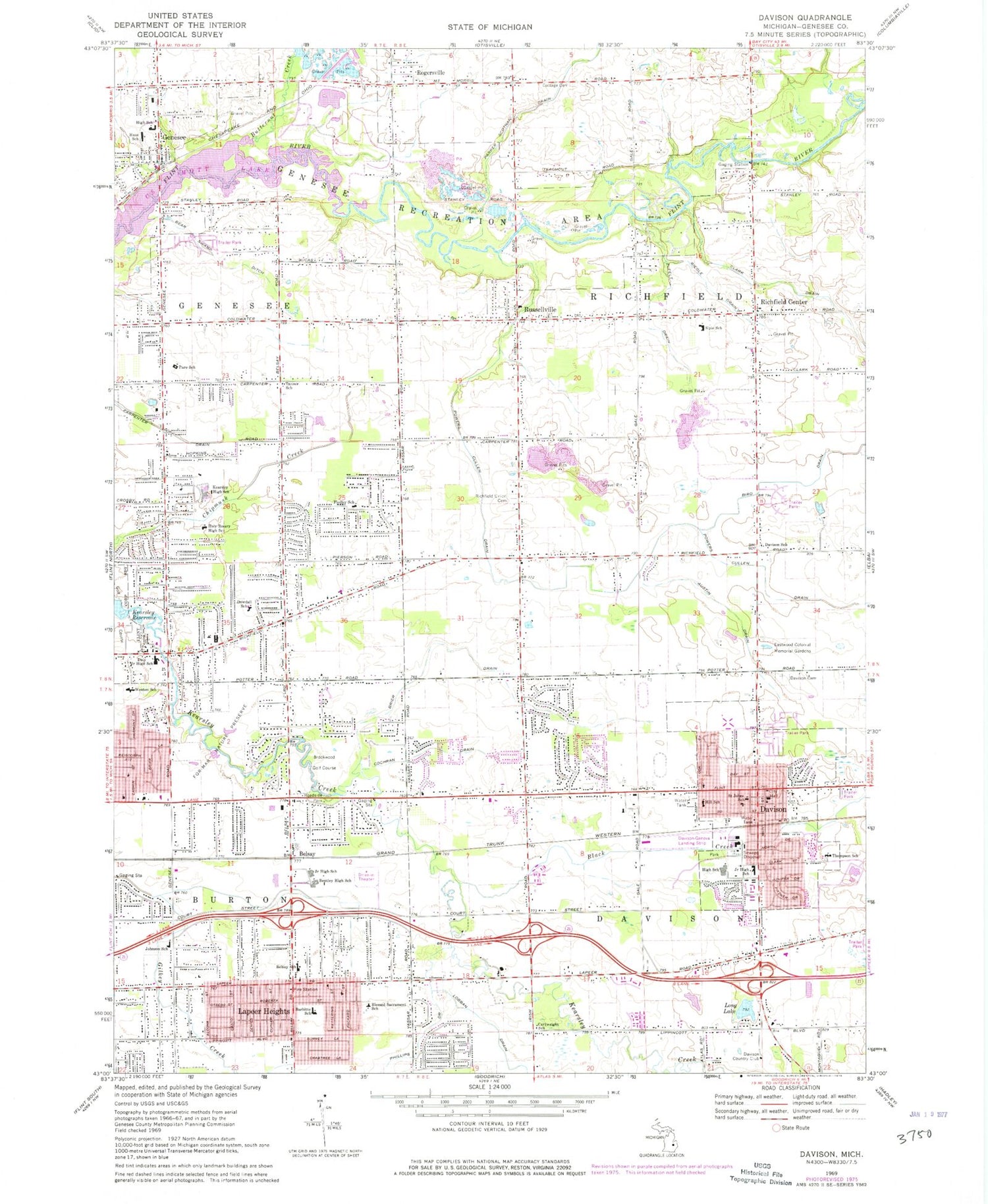 Classic USGS Davison Michigan 7.5'x7.5' Topo Map Image