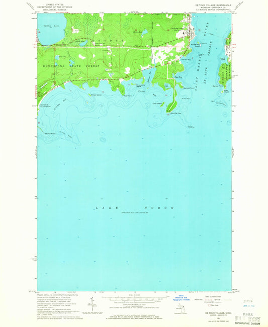 Classic USGS De Tour Village Michigan 7.5'x7.5' Topo Map Image