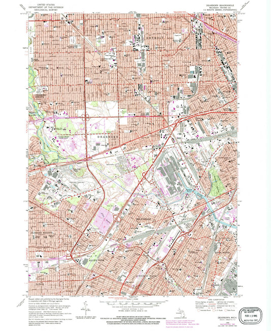 Classic USGS Dearborn Michigan 7.5'x7.5' Topo Map Image