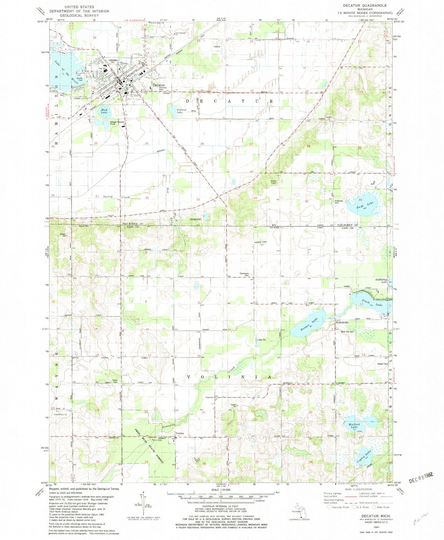 Classic USGS Decatur Michigan 7.5'x7.5' Topo Map Image