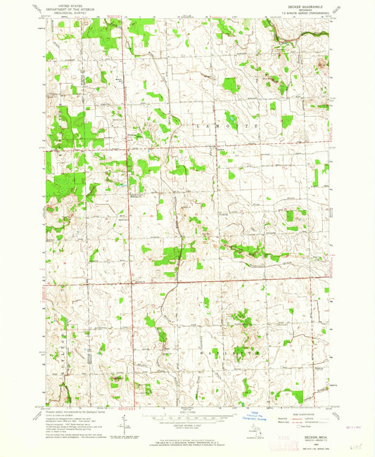 Classic USGS Decker Michigan 7.5'x7.5' Topo Map Image