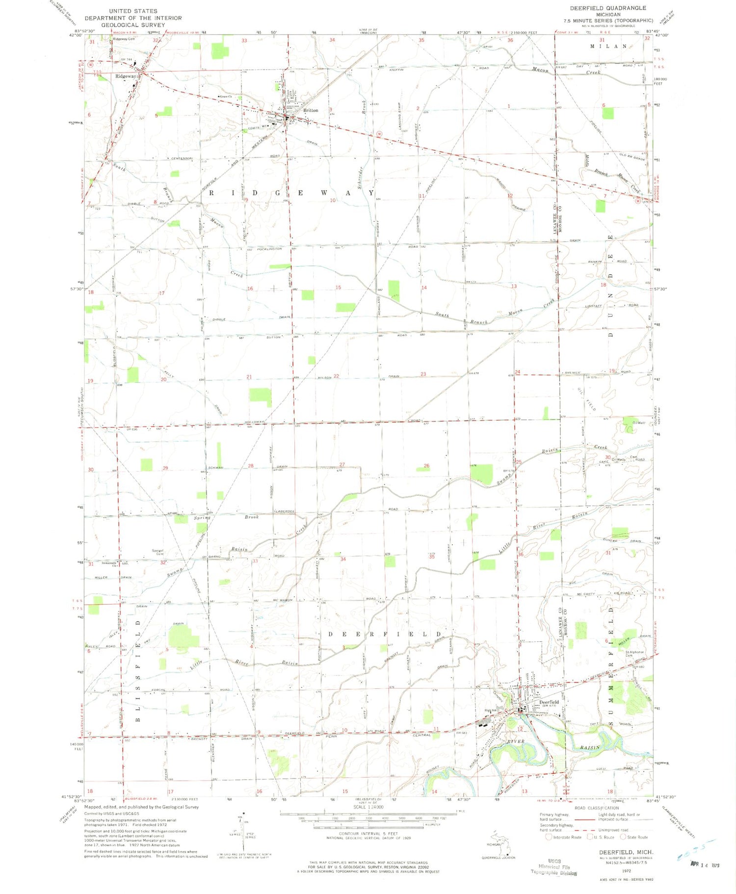 Classic USGS Deerfield Michigan 7.5'x7.5' Topo Map Image