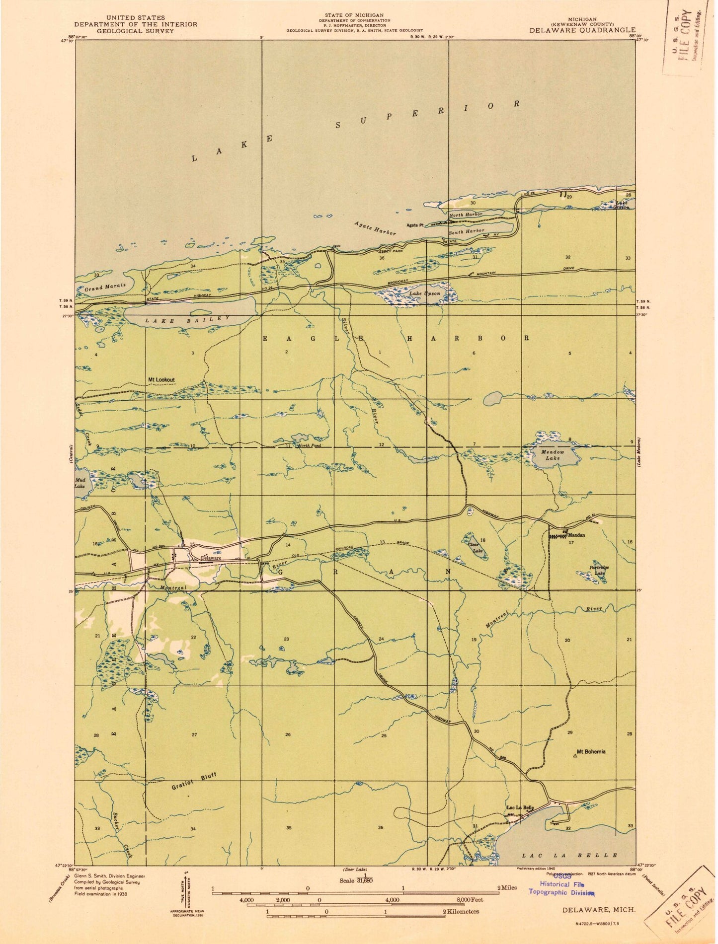 Classic USGS Delaware Michigan 7.5'x7.5' Topo Map Image