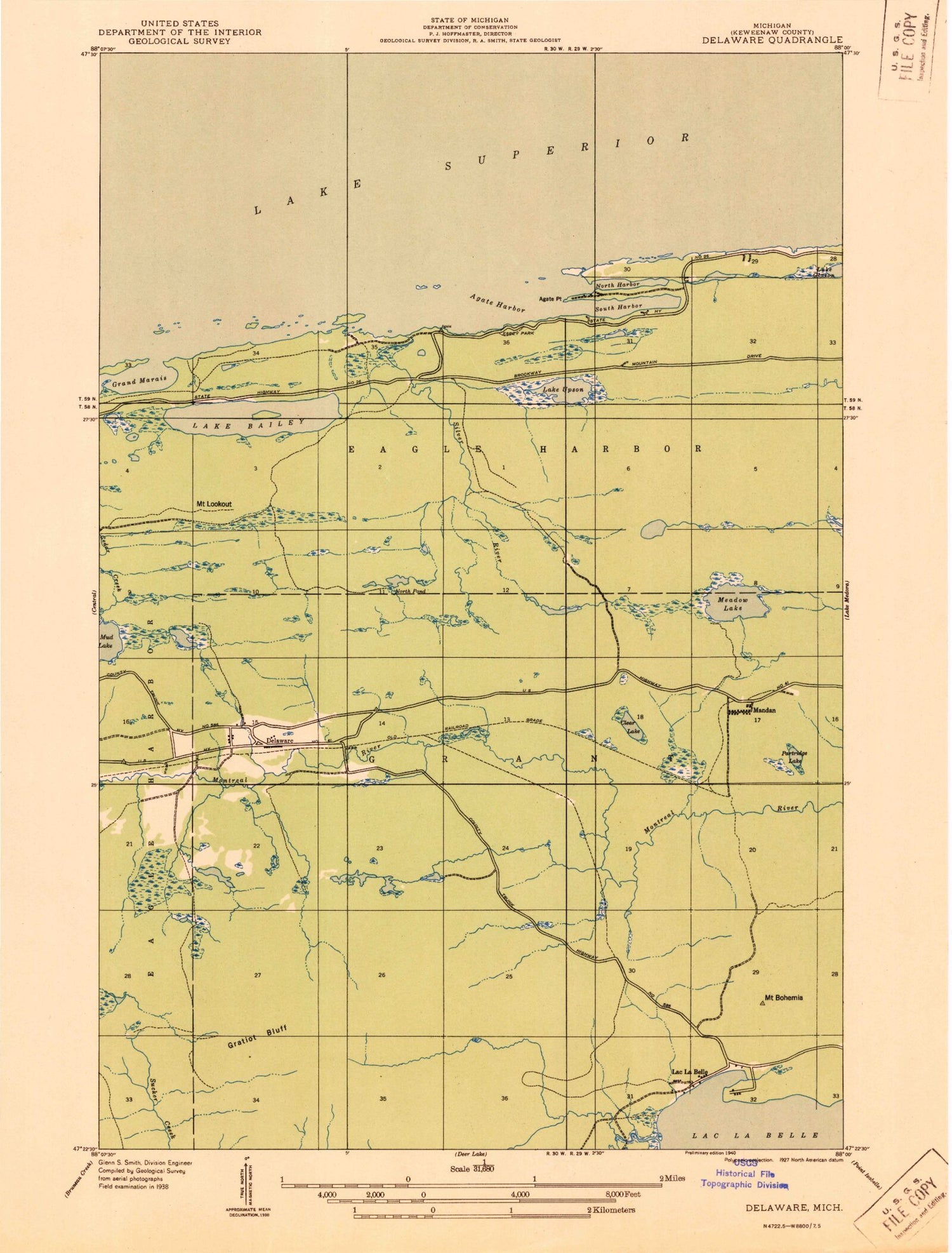 Classic USGS Delaware Michigan 7.5'x7.5' Topo Map Image