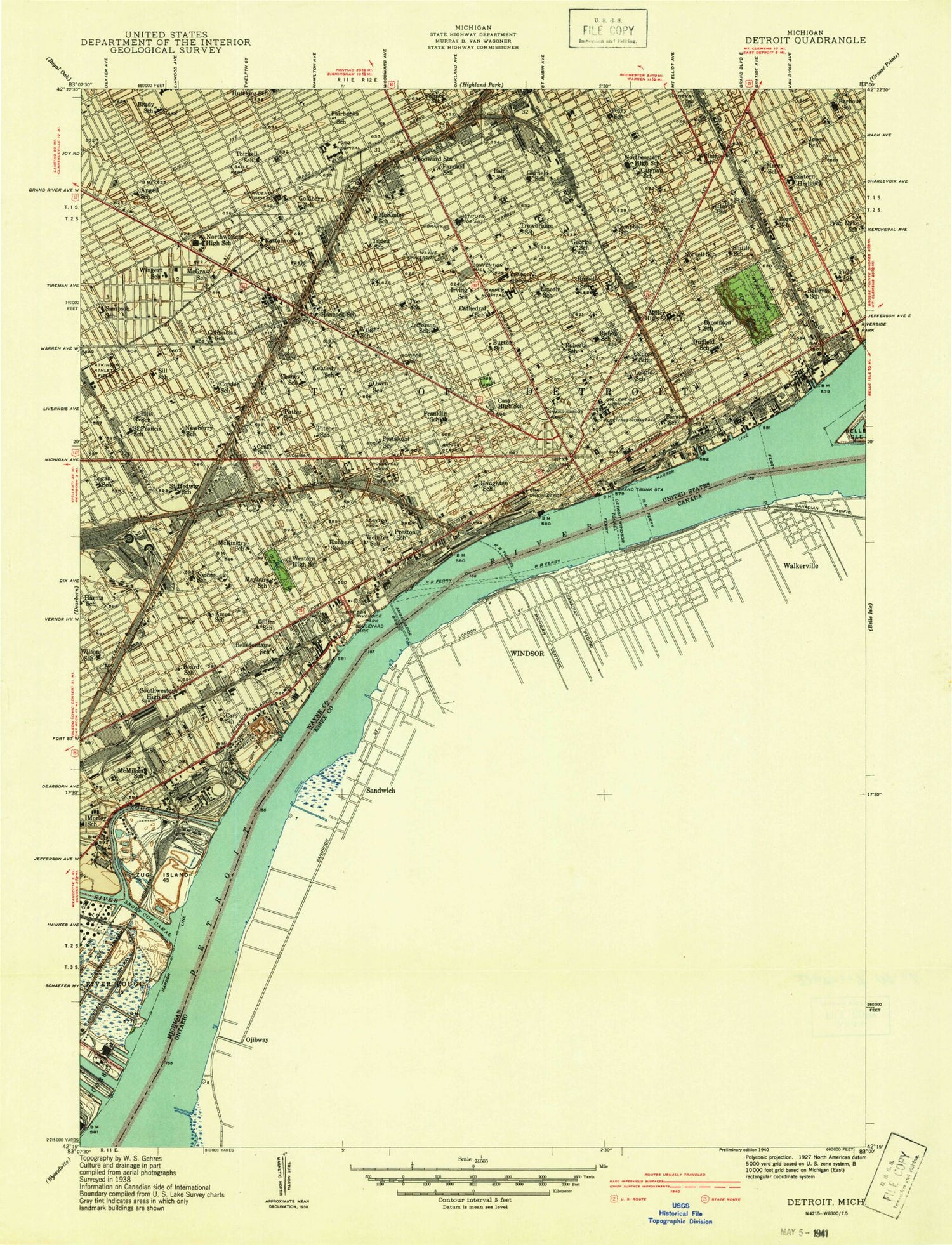 Classic USGS Detroit Michigan 7.5'x7.5' Topo Map Image