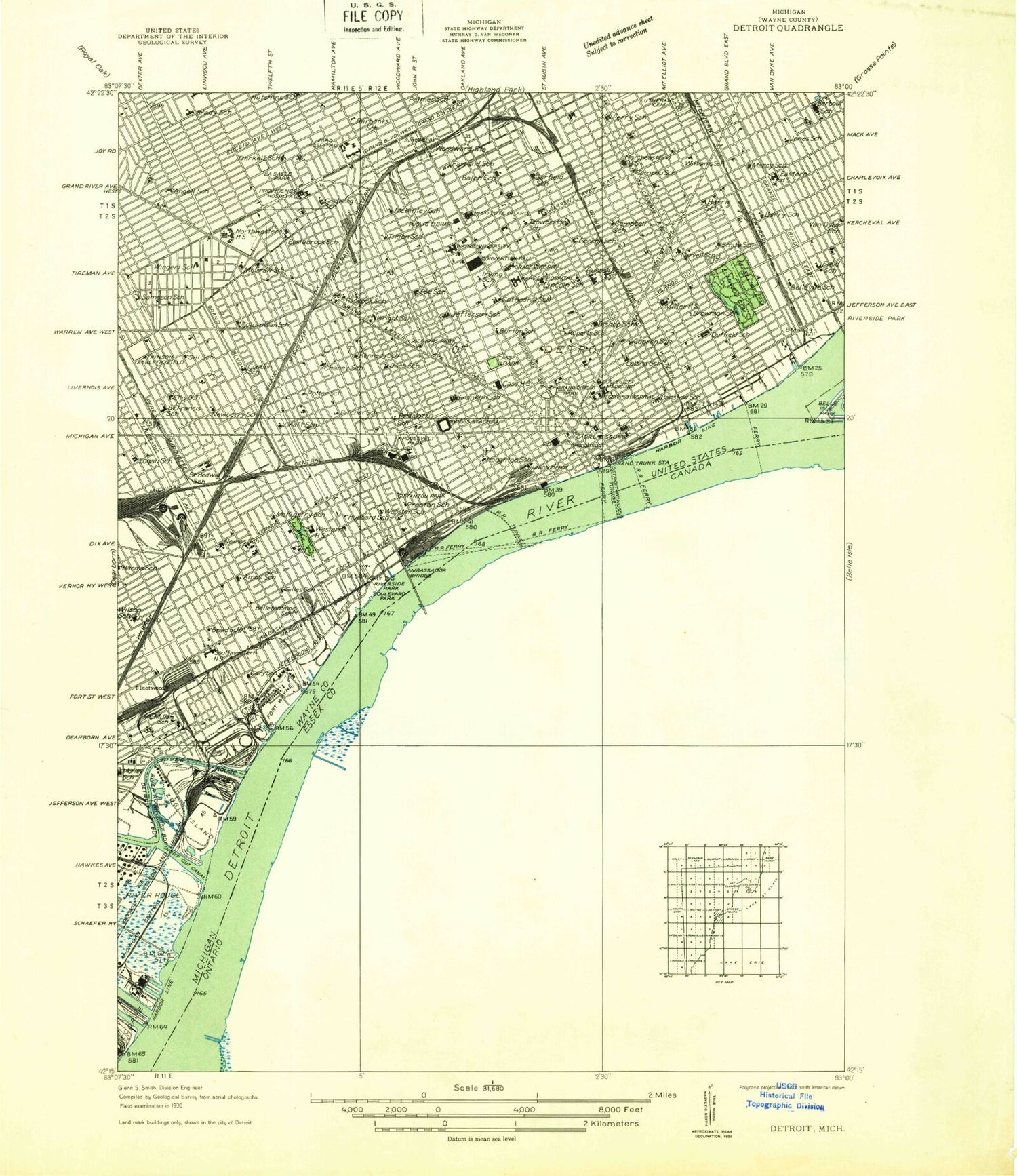 Classic USGS Detroit Michigan 7.5'x7.5' Topo Map Image