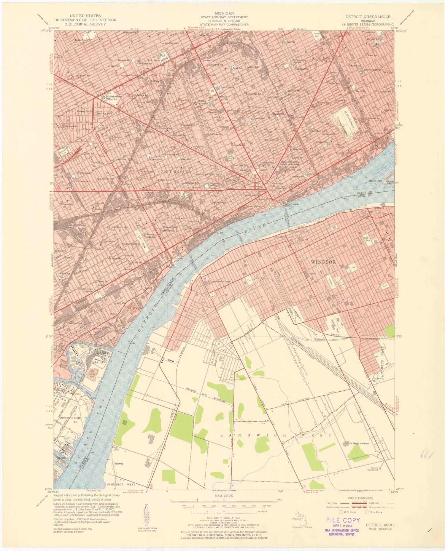 Classic USGS Detroit Michigan 7.5'x7.5' Topo Map Image