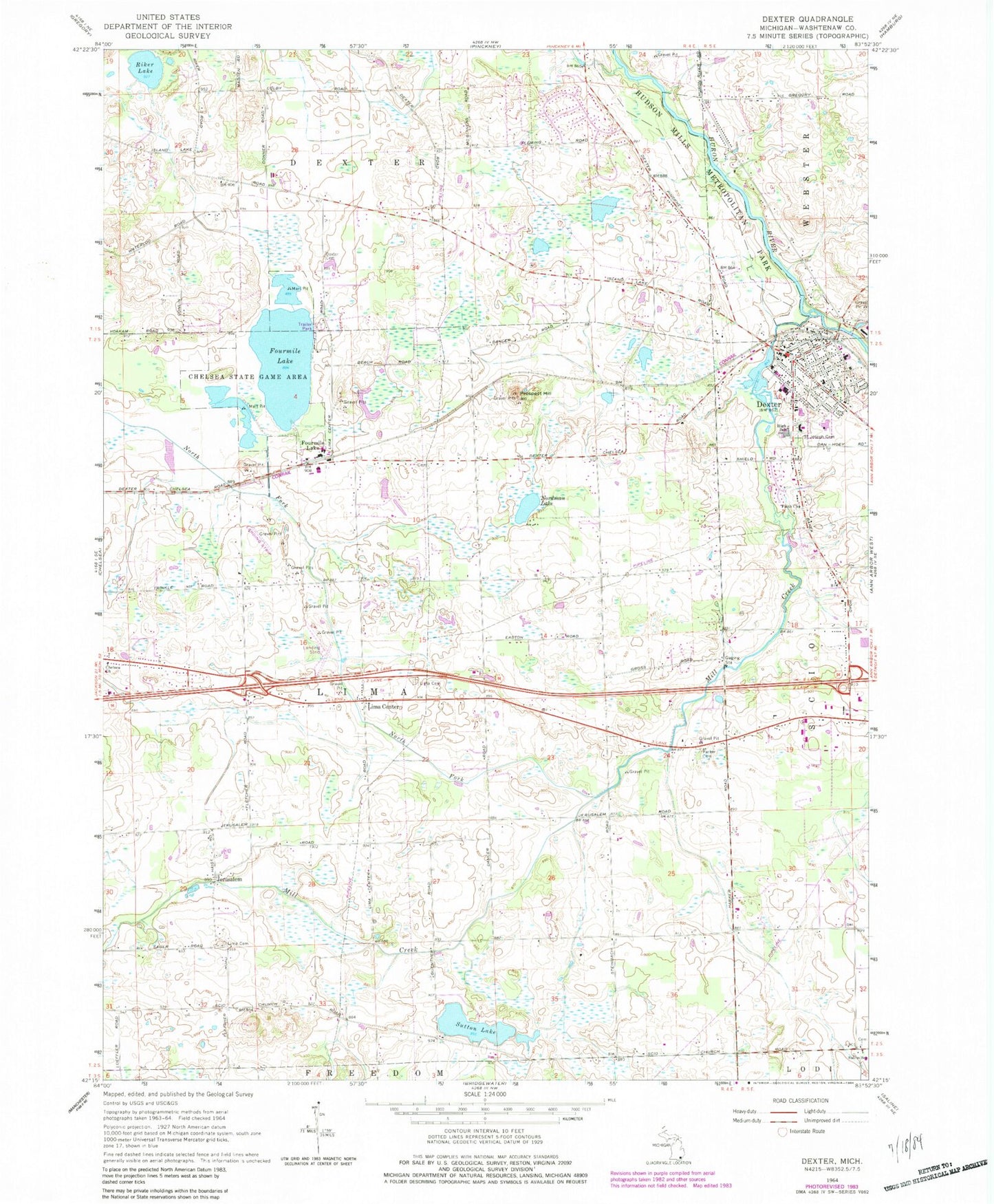 Classic USGS Dexter Michigan 7.5'x7.5' Topo Map Image
