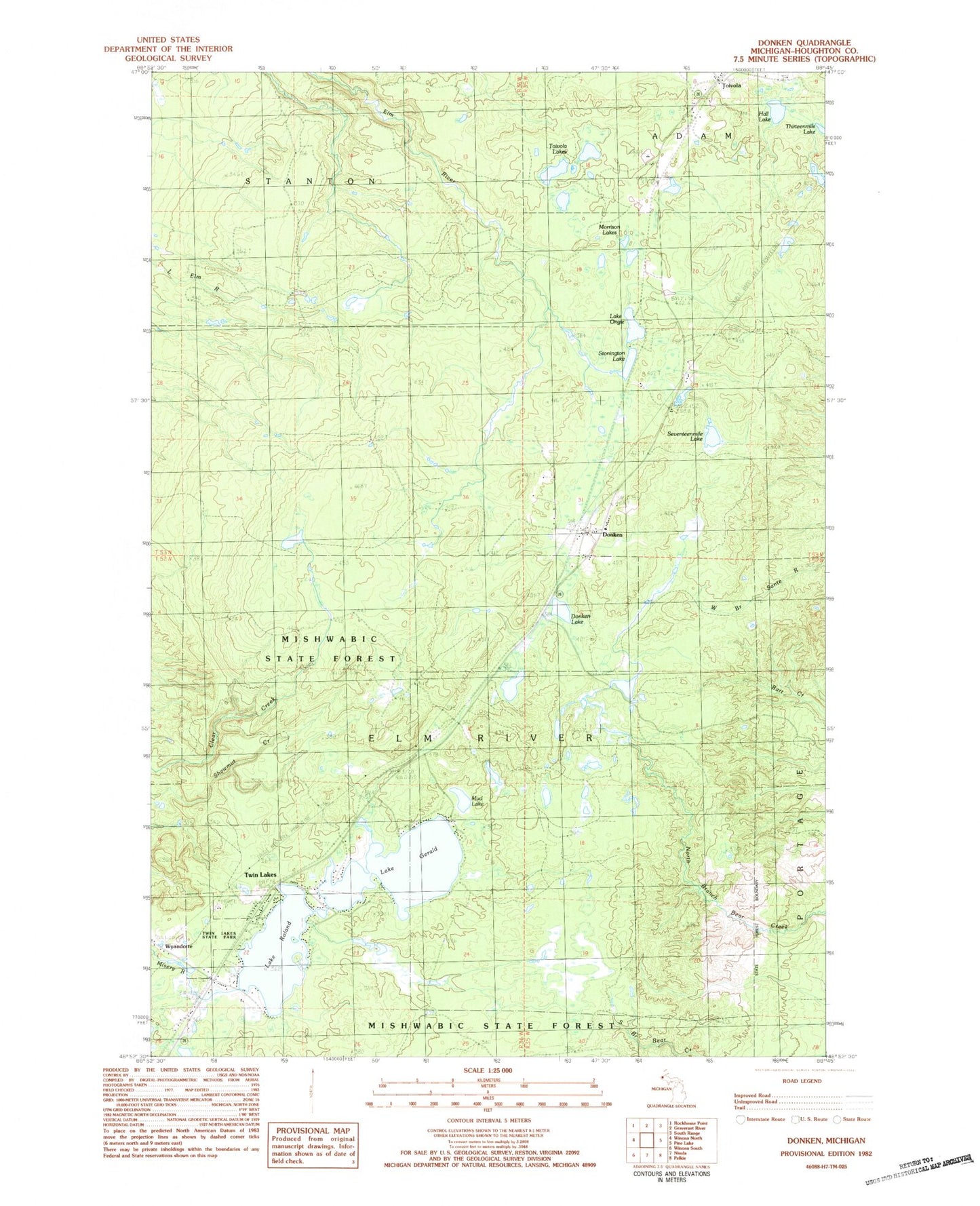Classic USGS Donken Michigan 7.5'x7.5' Topo Map Image