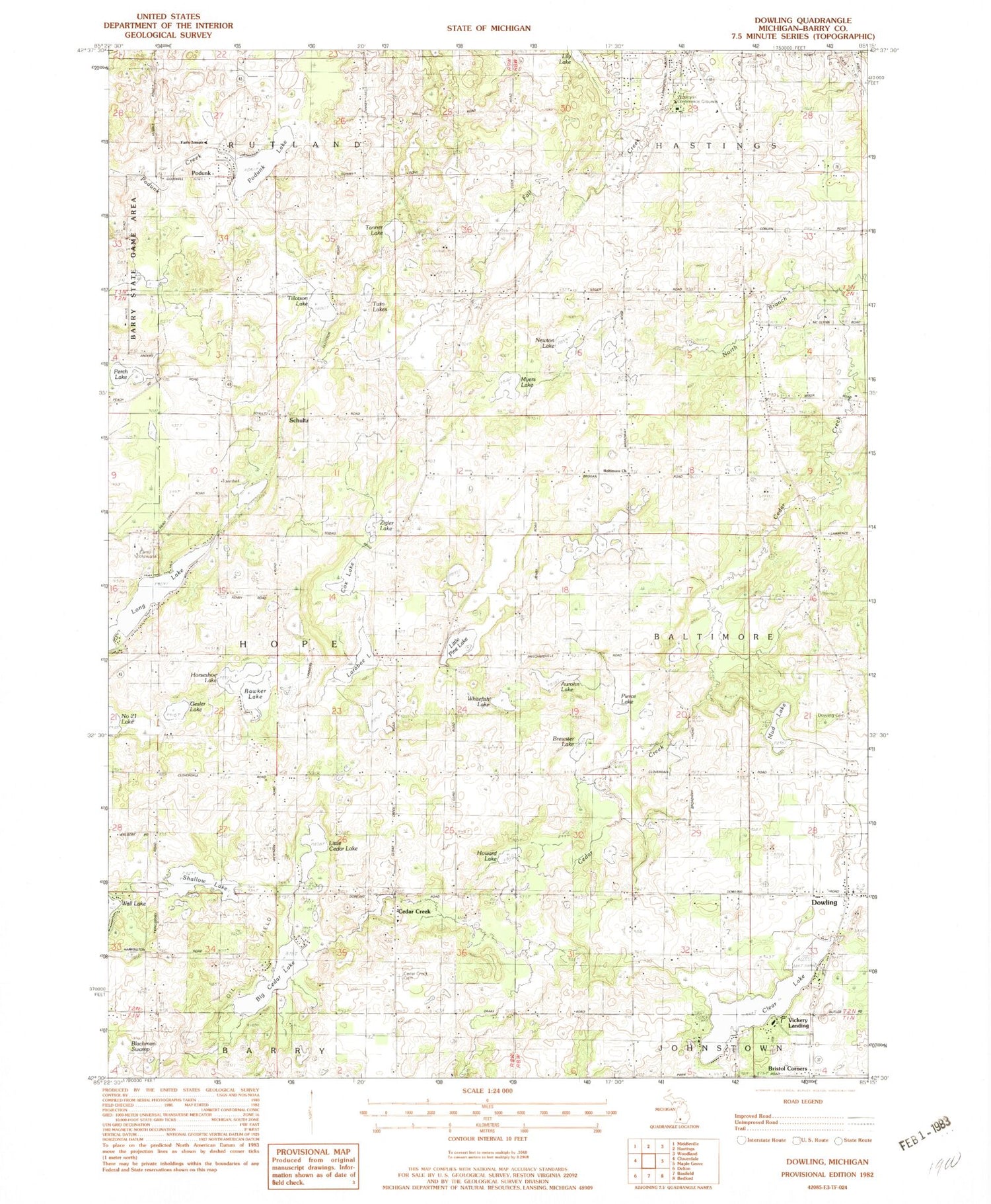 Classic USGS Dowling Michigan 7.5'x7.5' Topo Map Image