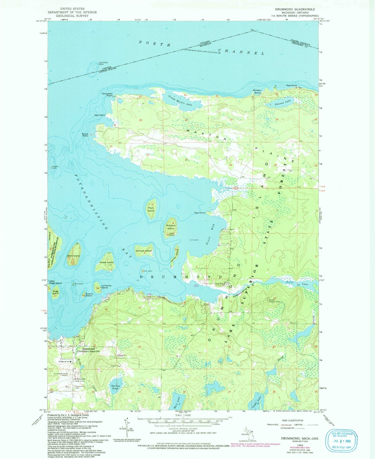 Classic USGS Drummond Michigan 7.5'x7.5' Topo Map Image