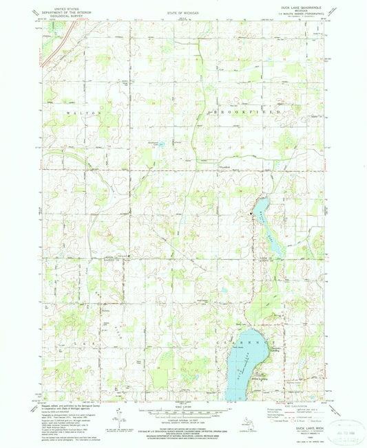 Classic USGS Duck Lake Michigan 7.5'x7.5' Topo Map Image