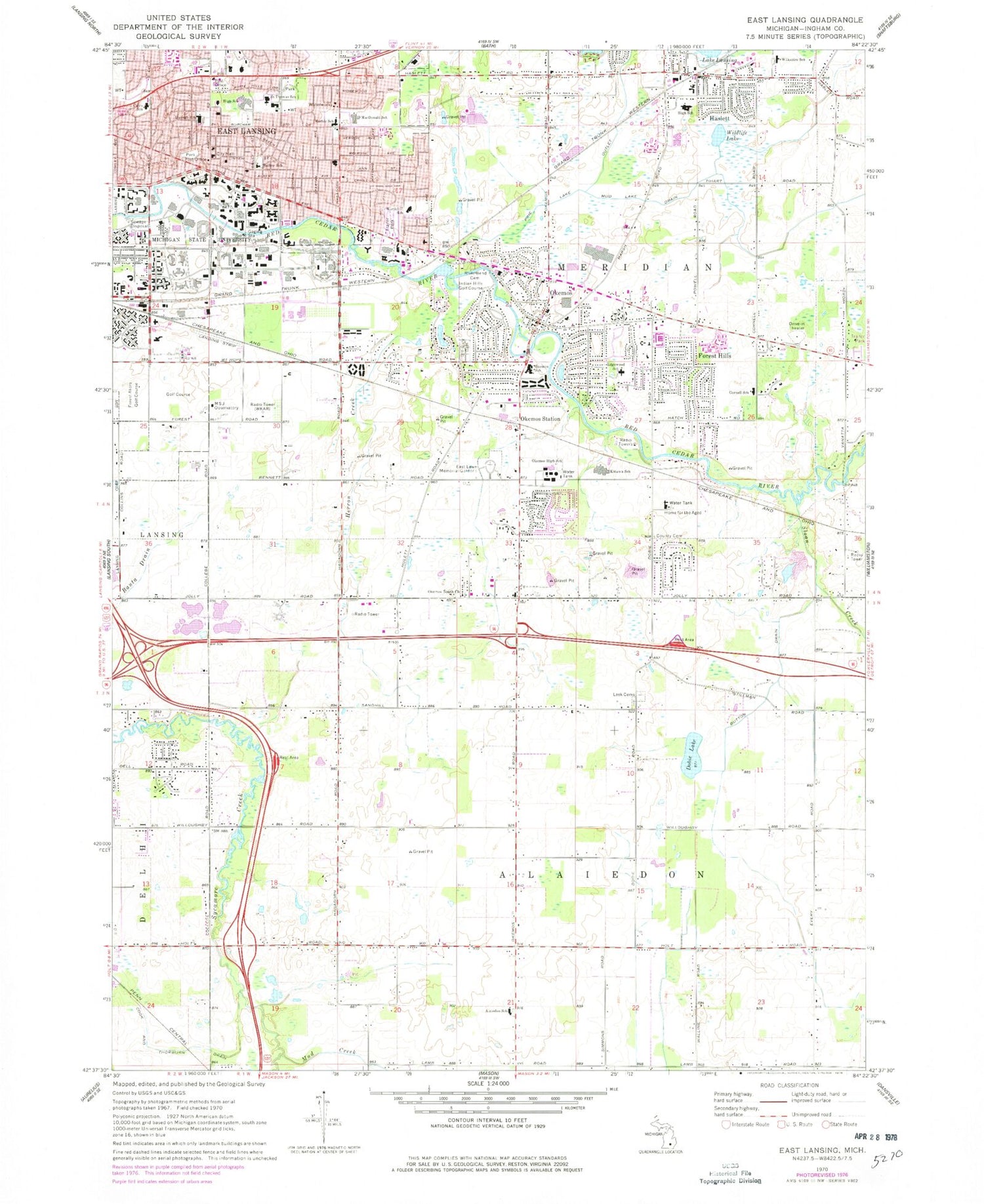 Classic USGS East Lansing Michigan 7.5'x7.5' Topo Map Image