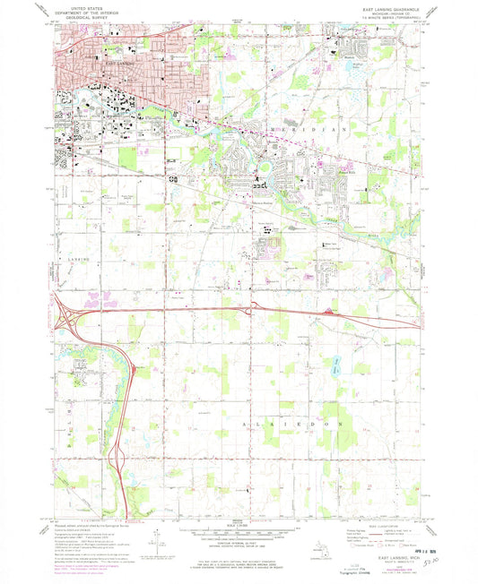 Classic USGS East Lansing Michigan 7.5'x7.5' Topo Map Image