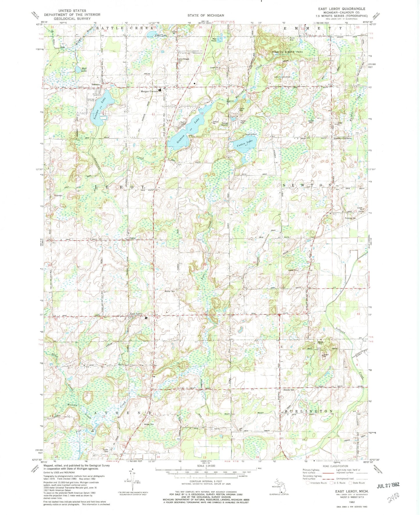 Classic USGS East Leroy Michigan 7.5'x7.5' Topo Map Image