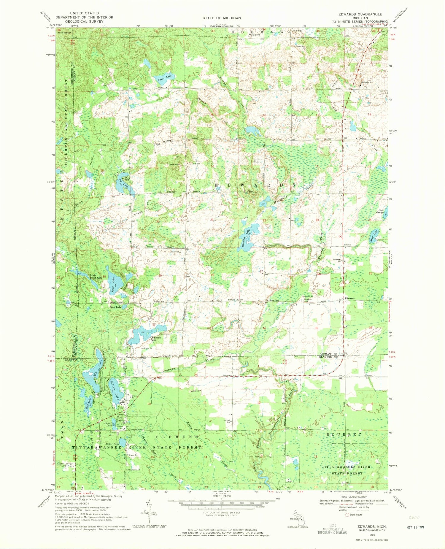 Classic USGS Edwards Michigan 7.5'x7.5' Topo Map Image